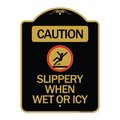 Signmission Caution-Slippery When Wet or Icy W/ Graphic, Black & Gold Aluminum Sign, 18" H, BG-1824-24285 A-DES-BG-1824-24285